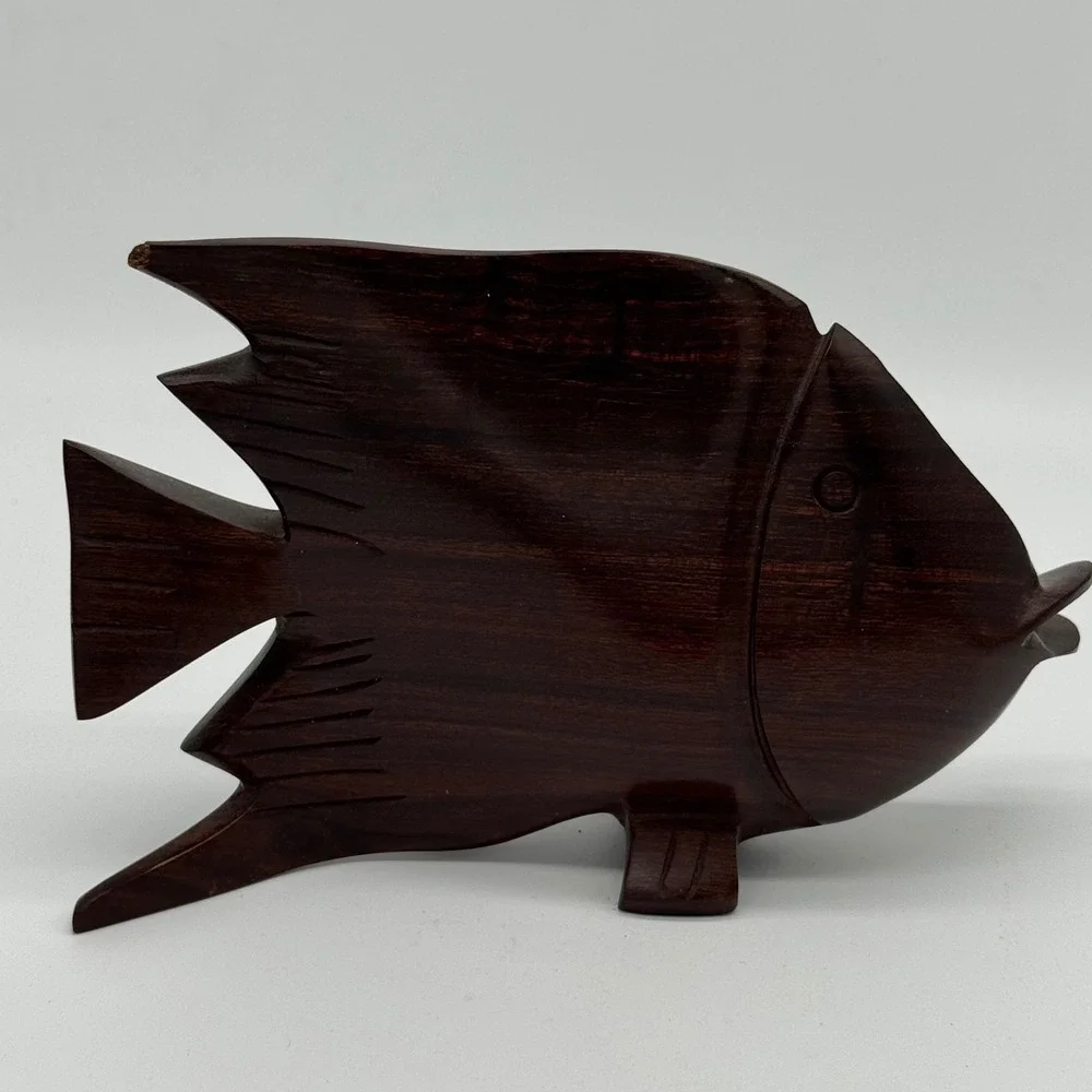 Vtg Hand Carved Ironwood Angelfish Sculpture Heavy Wood Tropical Fish 8x5 MCM